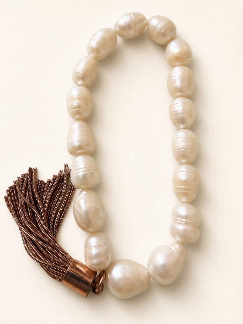 Chunky Cream Pearl Look Statement Necklace Copper Tassel